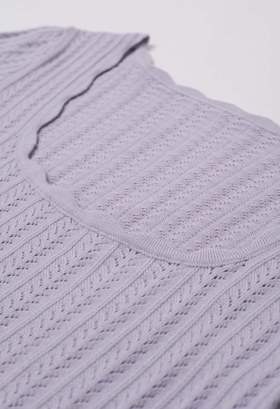Scalloped Edge Pointelle Knit Top in Lilac
