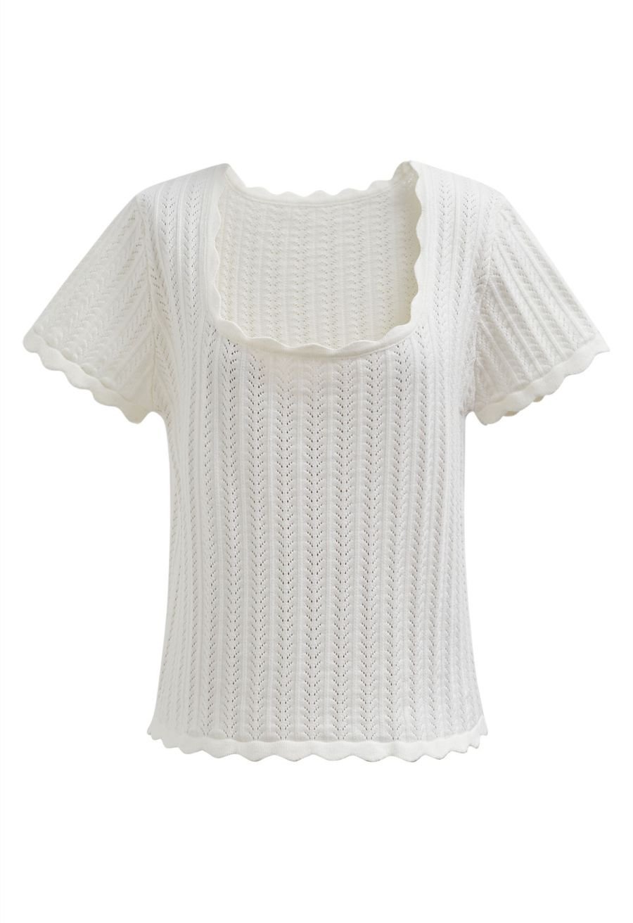 Scalloped Edge Pointelle Knit Top in Ivory