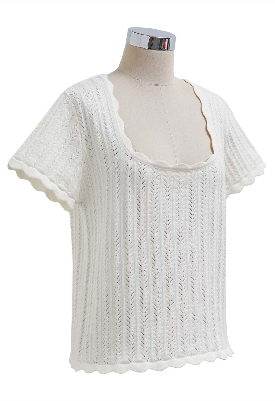 Scalloped Edge Pointelle Knit Top in Ivory