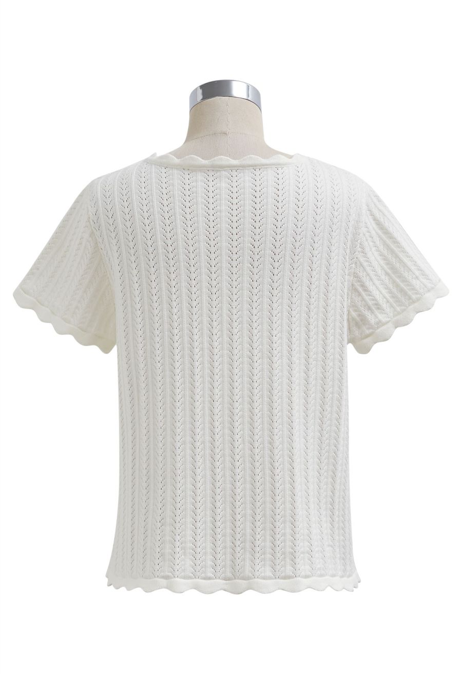 Scalloped Edge Pointelle Knit Top in Ivory