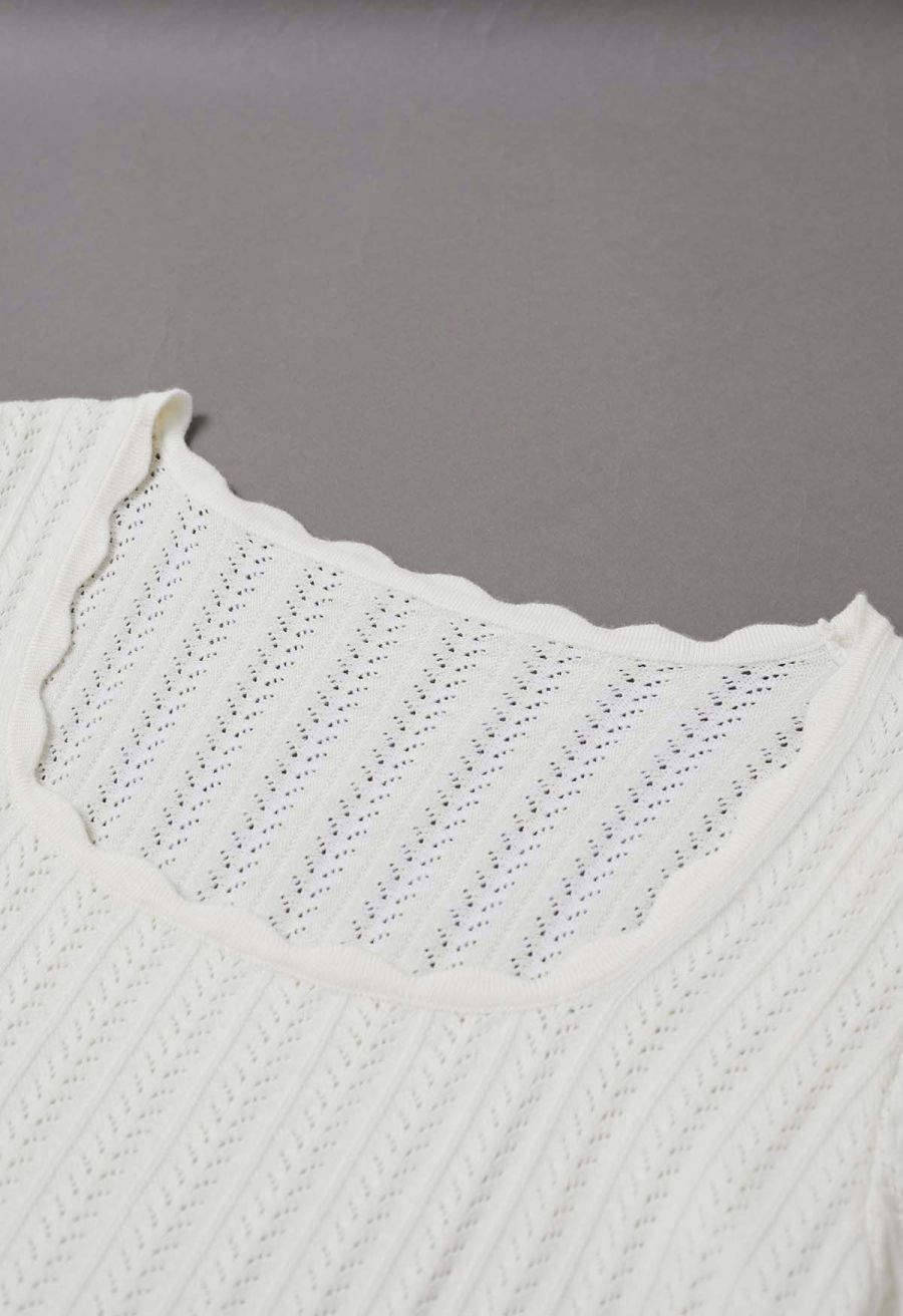 Scalloped Edge Pointelle Knit Top in Ivory