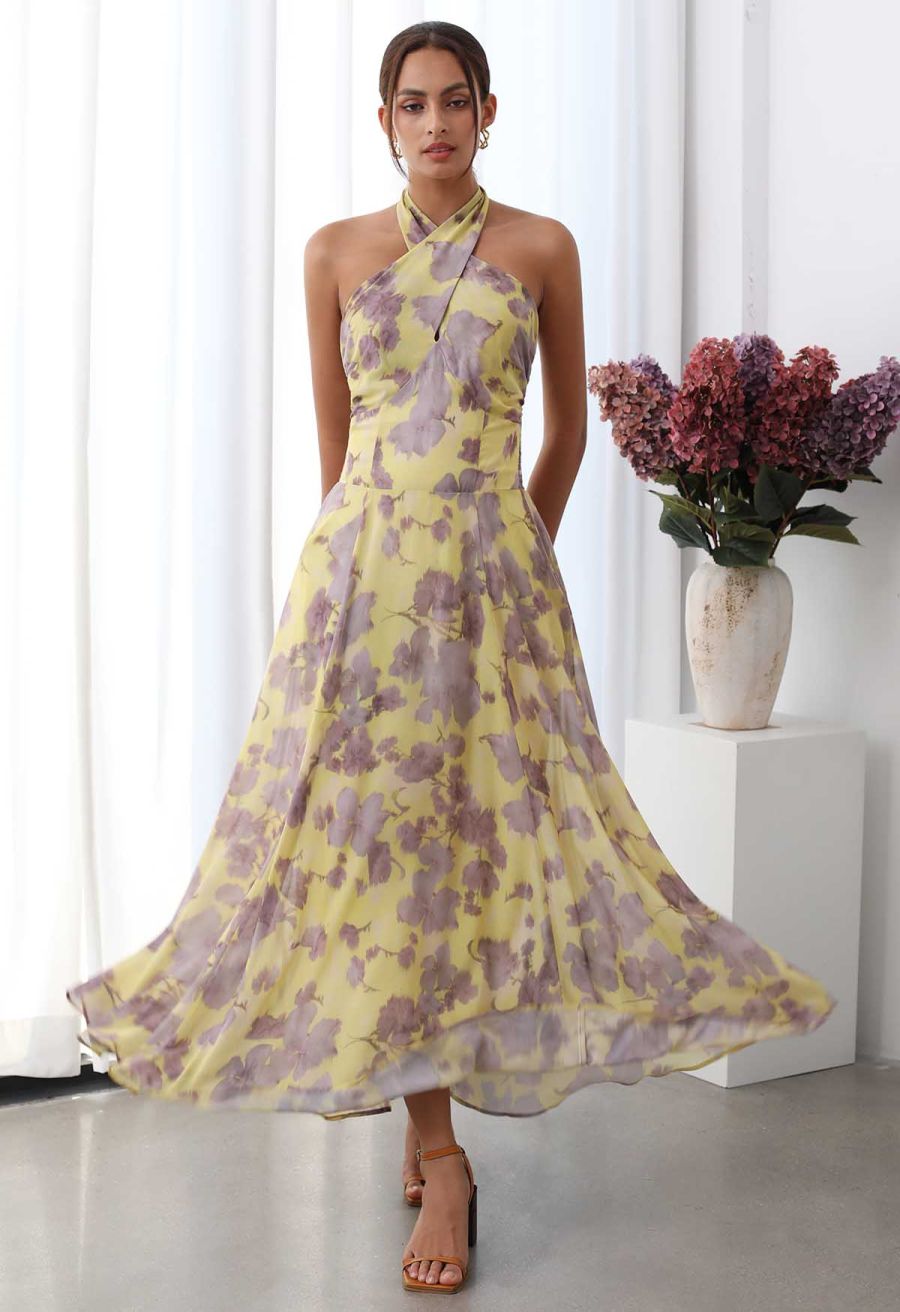 Crisscross Self-Tie Halter Neck Maxi Dress in Lilac Floral
