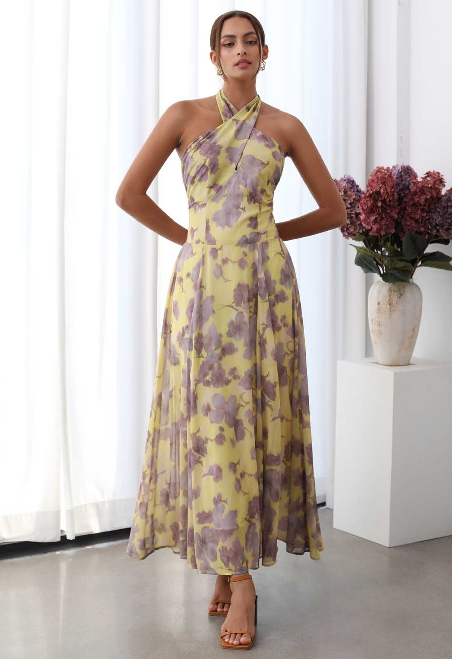 Crisscross Self-Tie Halter Neck Maxi Dress in Lilac Floral