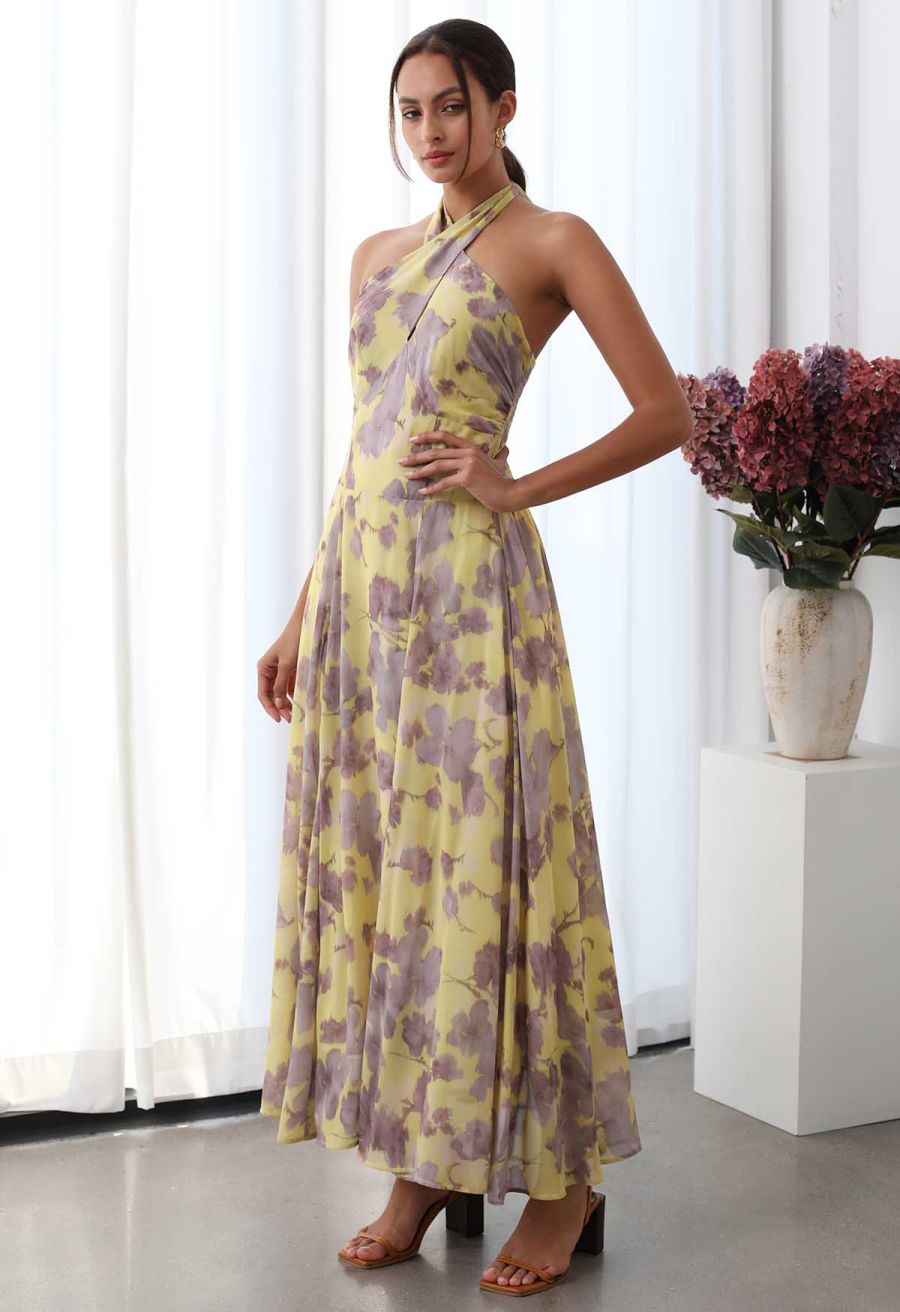 Crisscross Self-Tie Halter Neck Maxi Dress in Lilac Floral