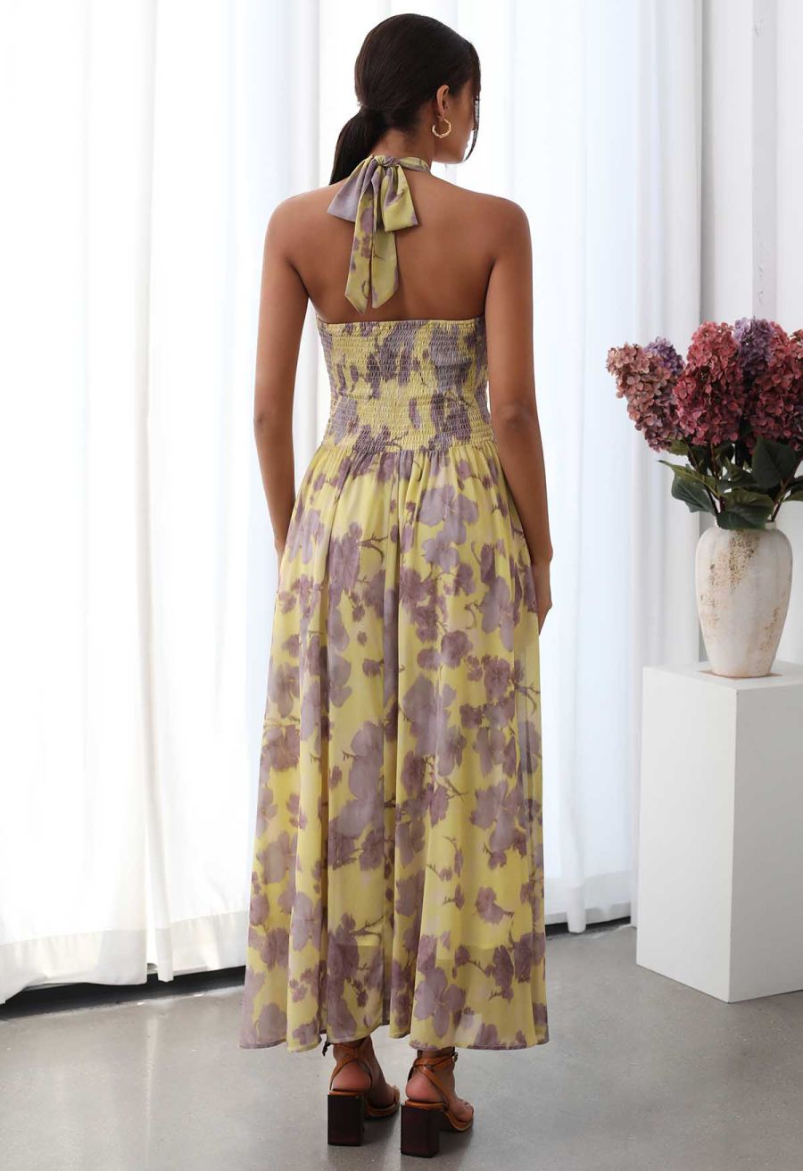 Crisscross Self-Tie Halter Neck Maxi Dress in Lilac Floral