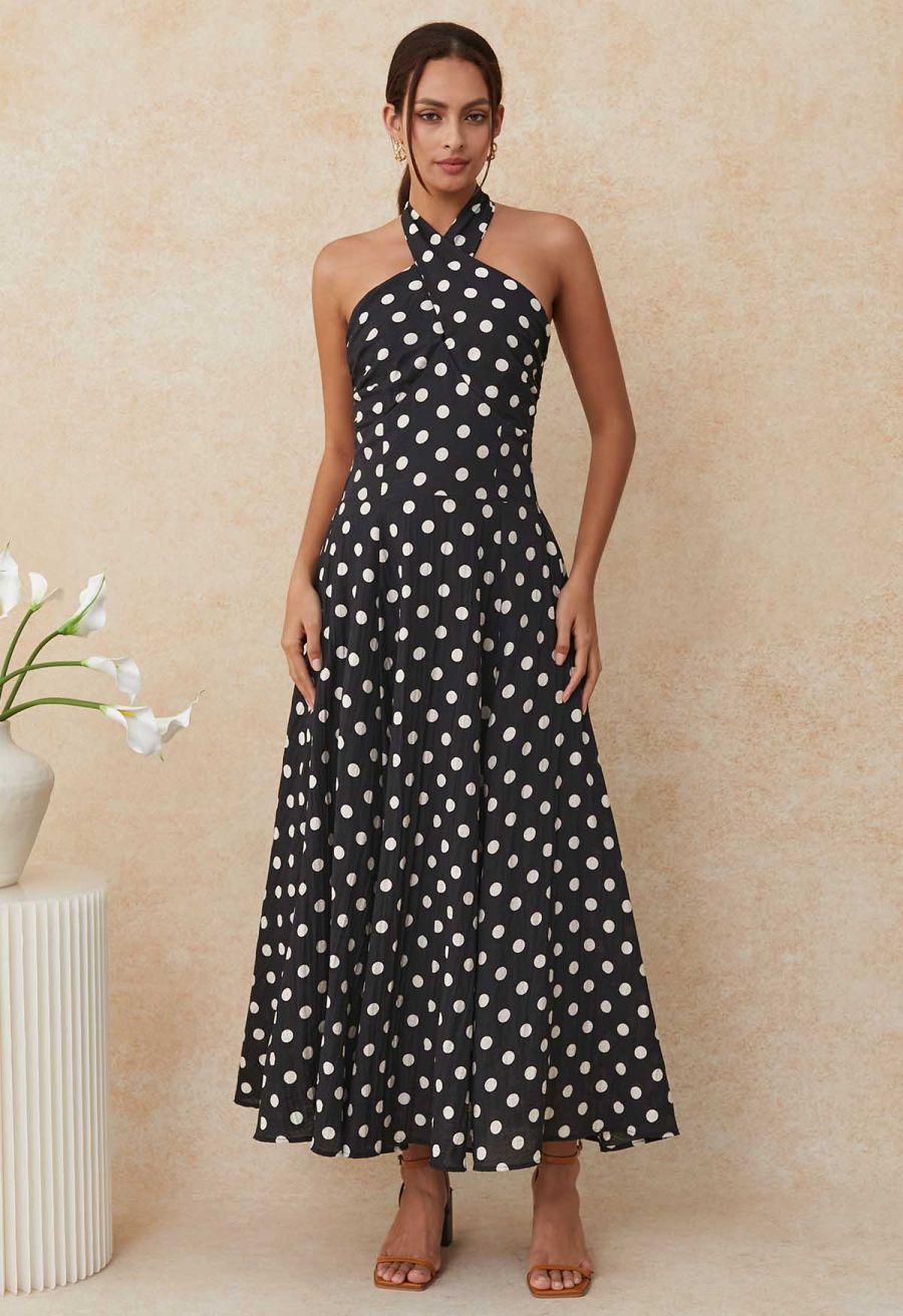 Crisscross Self-Tie Halter Neck Maxi Dress in Dots