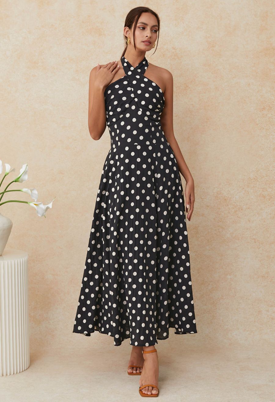 Crisscross Self-Tie Halter Neck Maxi Dress in Dots