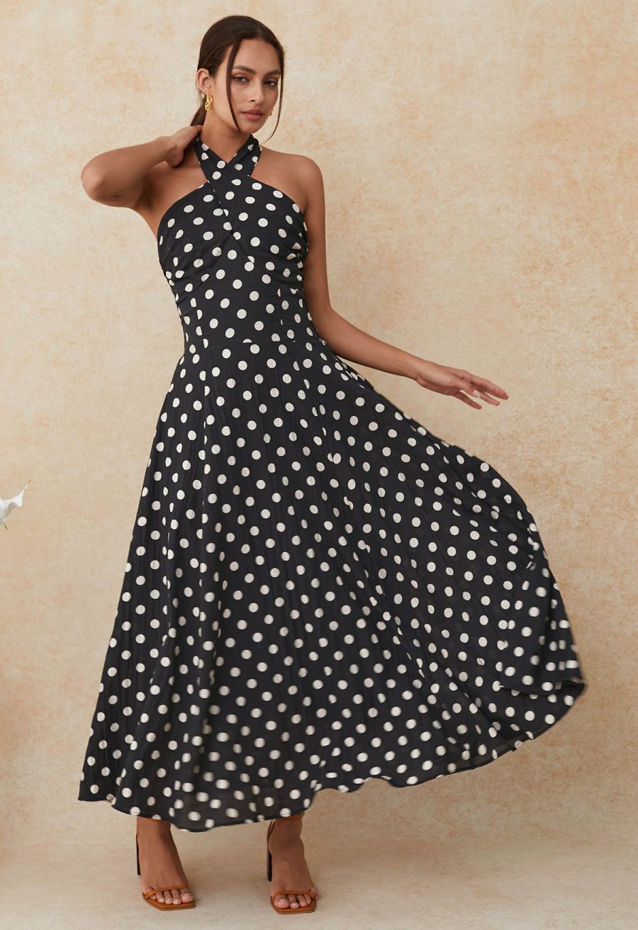 Crisscross Self-Tie Halter Neck Maxi Dress in Dots