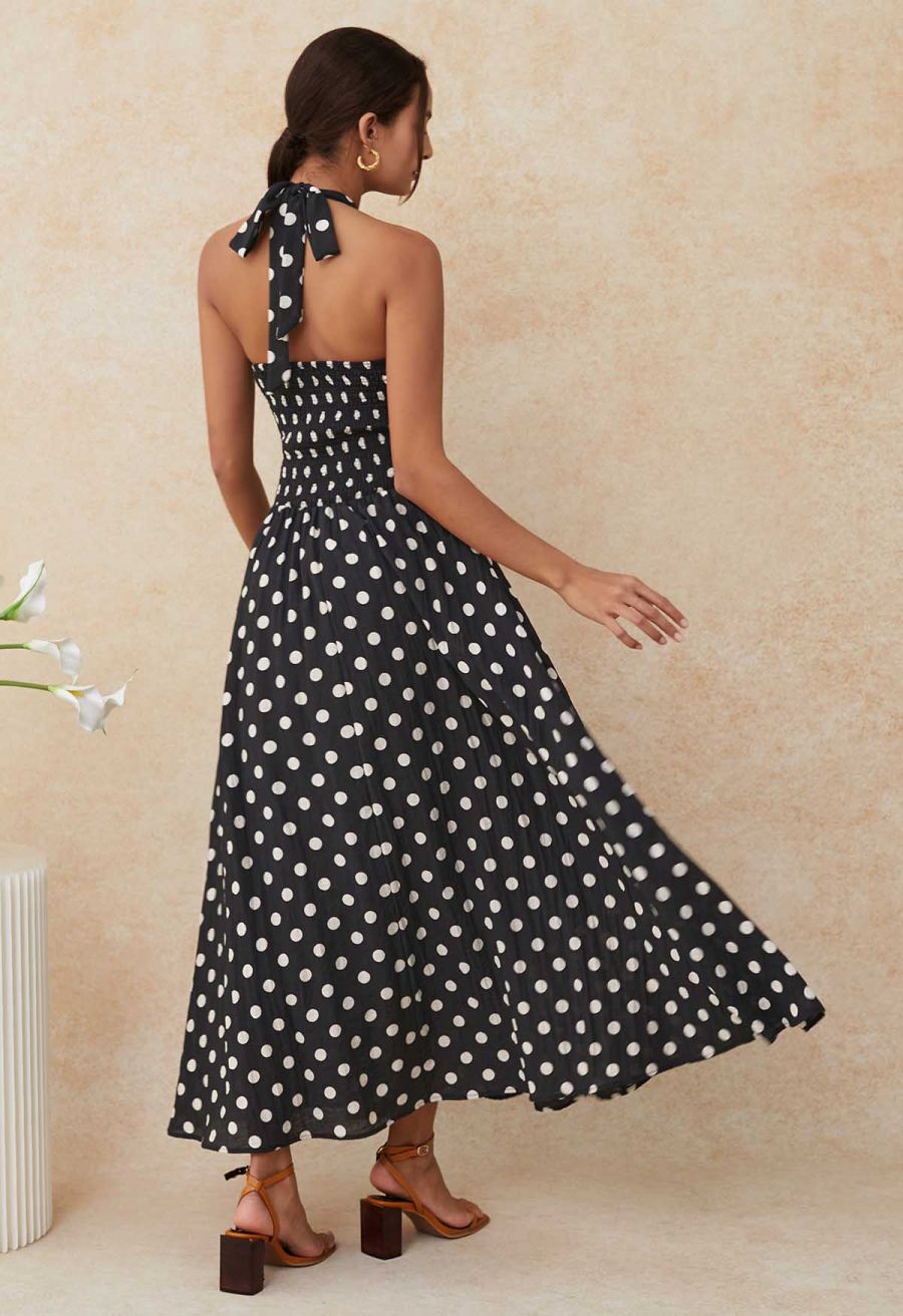 Crisscross Self-Tie Halter Neck Maxi Dress in Dots