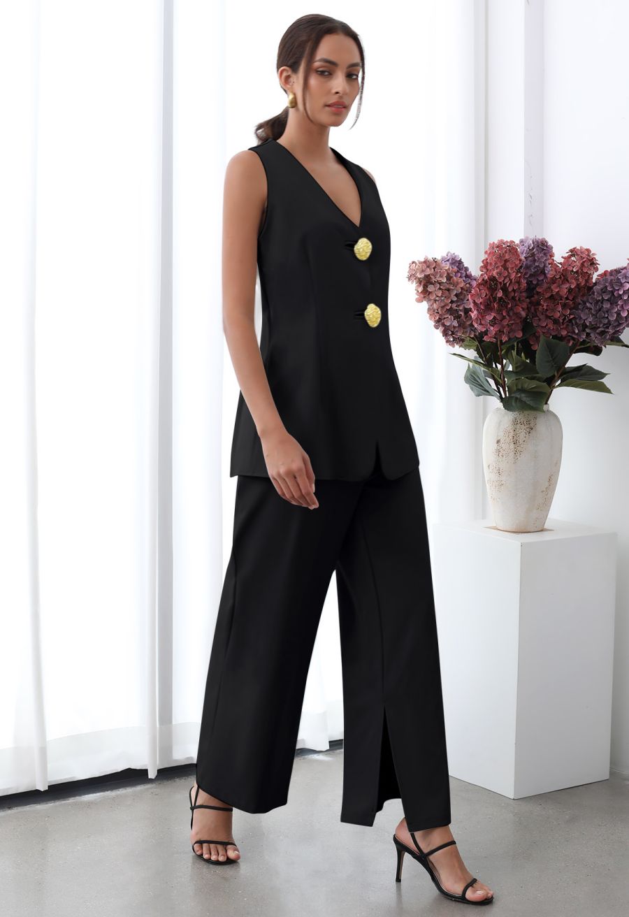 Golden Button Vest and Split Hem Pants Set in Black