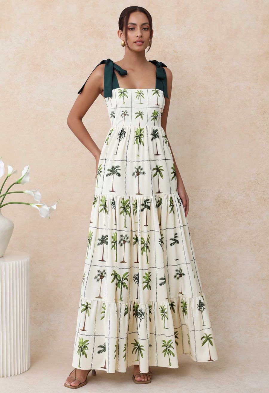 Tropical Tree Tie-Shoulder Cami Maxi Dress