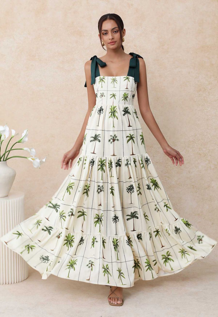 Tropical Tree Tie-Shoulder Cami Maxi Dress
