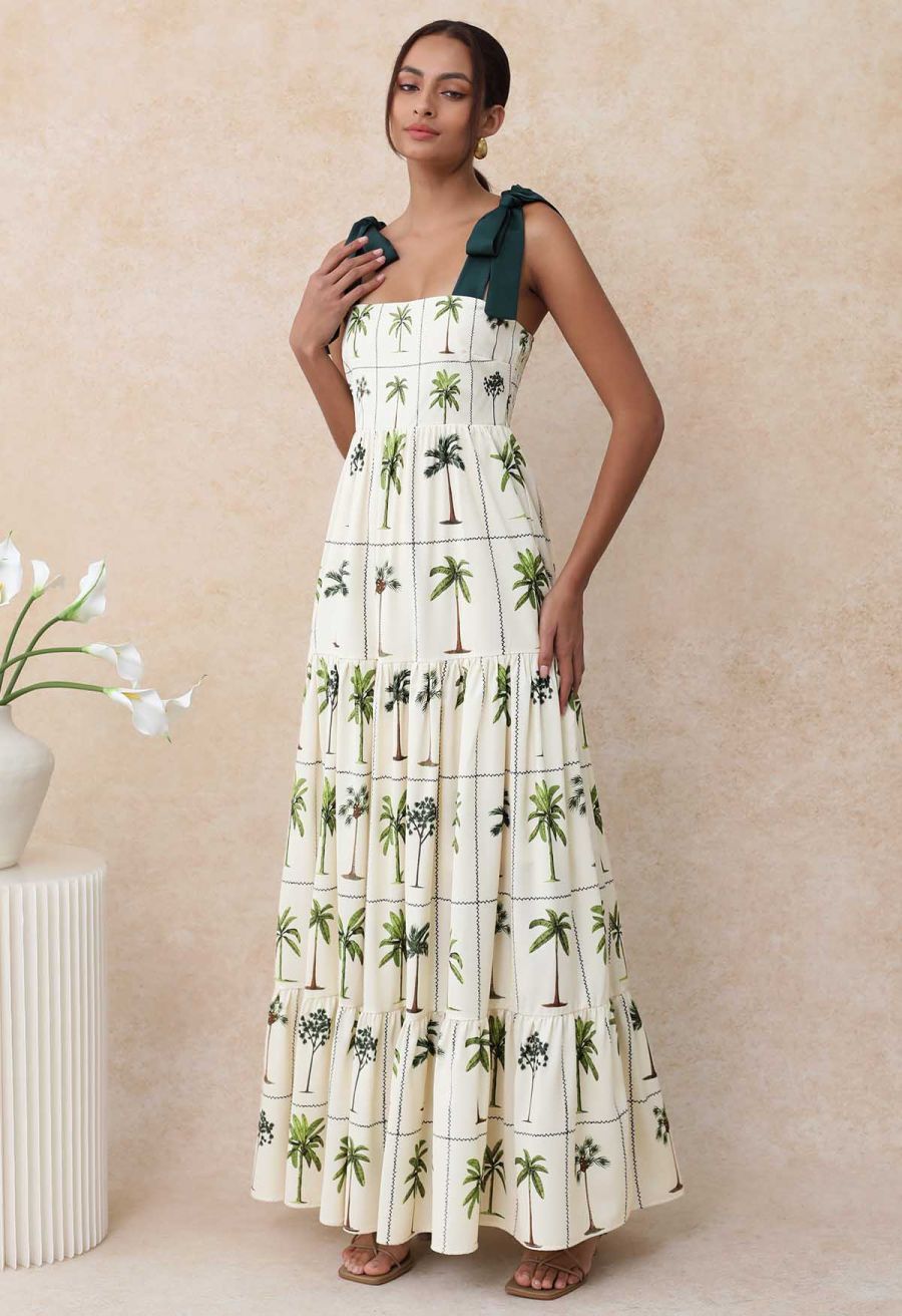 Tropical Tree Tie-Shoulder Cami Maxi Dress