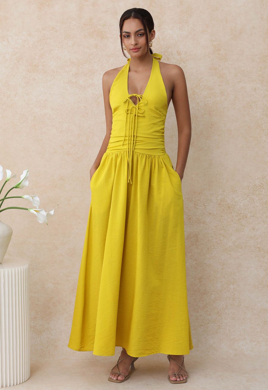 Bow-Tie Shirred Back Maxi Halter Dress in Mustard