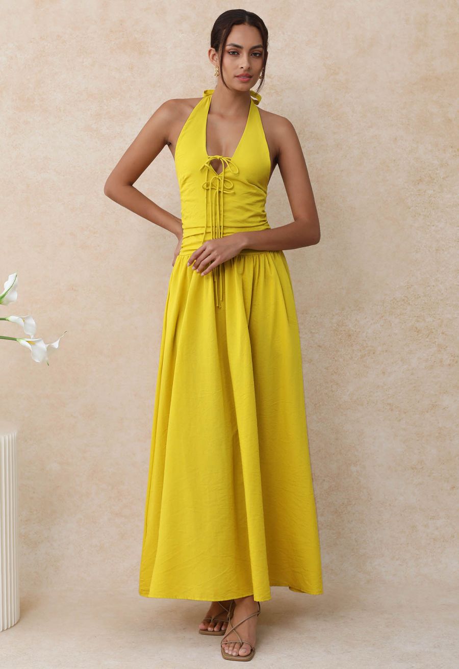Bow-Tie Shirred Back Maxi Halter Dress in Mustard