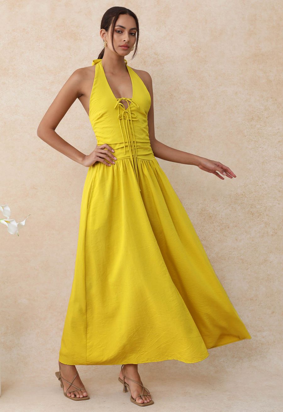 Bow-Tie Shirred Back Maxi Halter Dress in Mustard