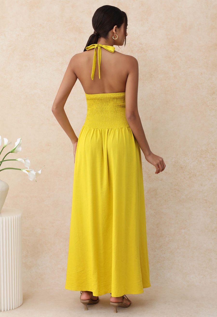 Bow-Tie Shirred Back Maxi Halter Dress in Mustard