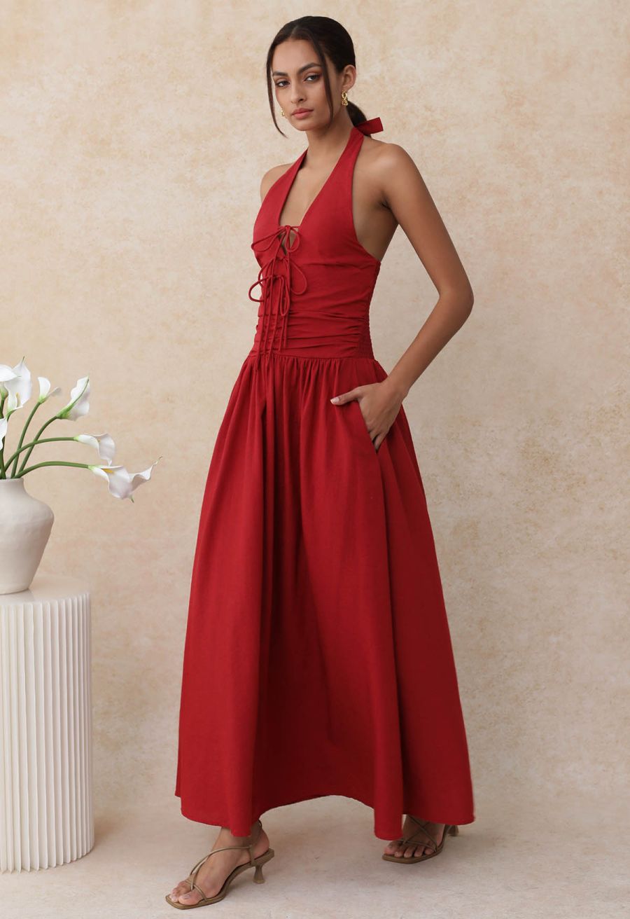 Bow-Tie Shirred Back Maxi Halter Dress in Red