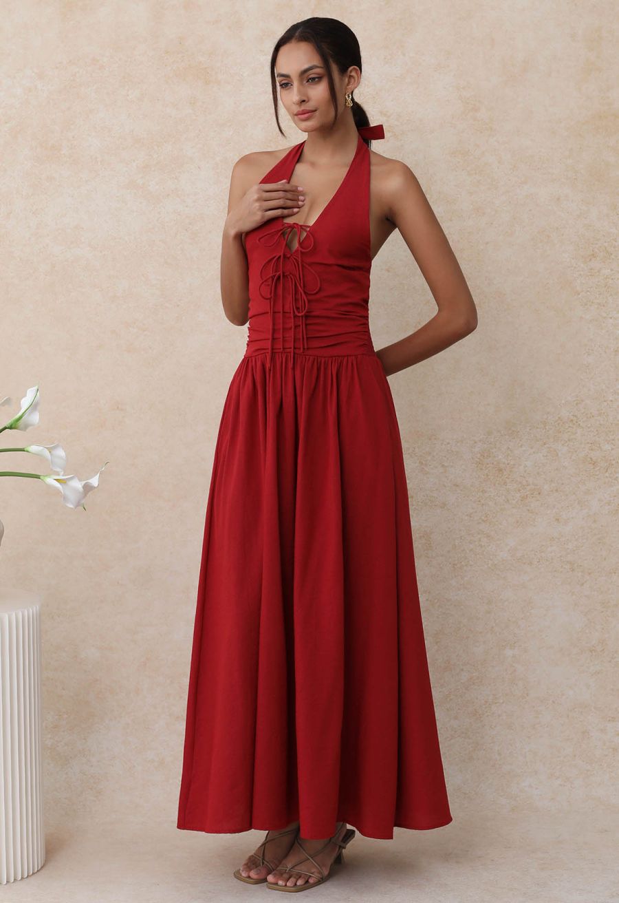 Bow-Tie Shirred Back Maxi Halter Dress in Red