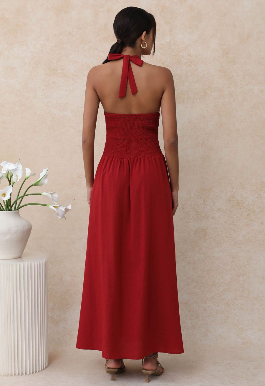 Bow-Tie Shirred Back Maxi Halter Dress in Red
