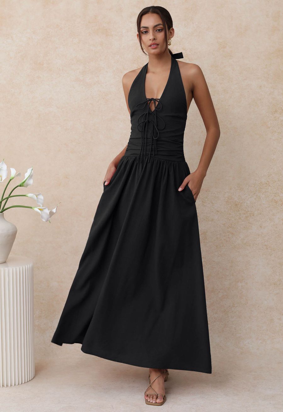 Bow-Tie Shirred Back Maxi Halter Dress in Black