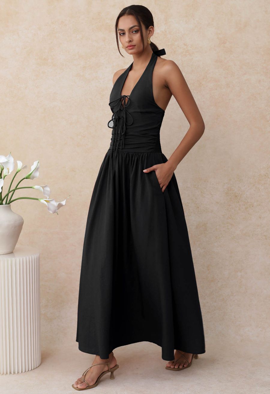 Bow-Tie Shirred Back Maxi Halter Dress in Black
