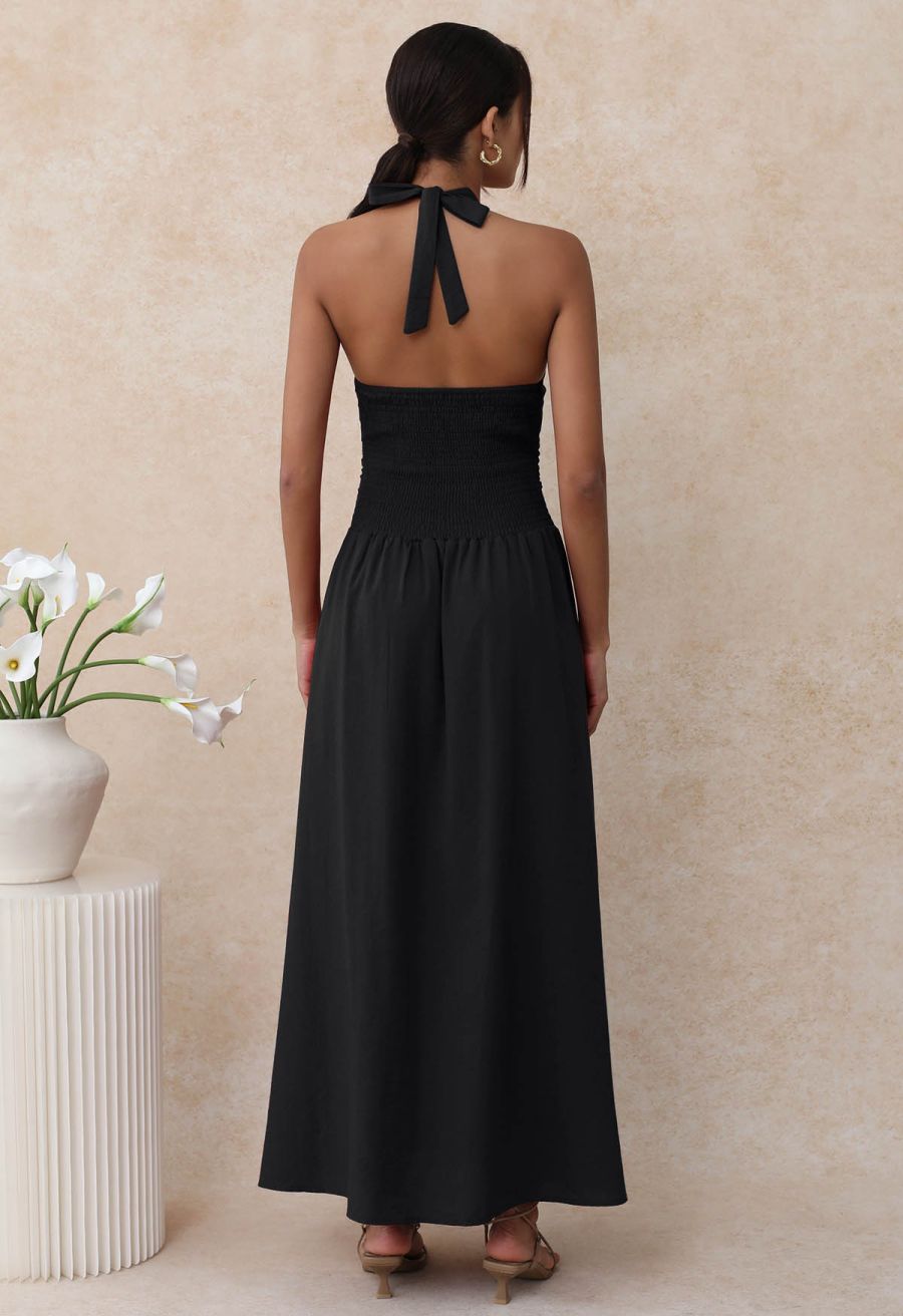 Bow-Tie Shirred Back Maxi Halter Dress in Black