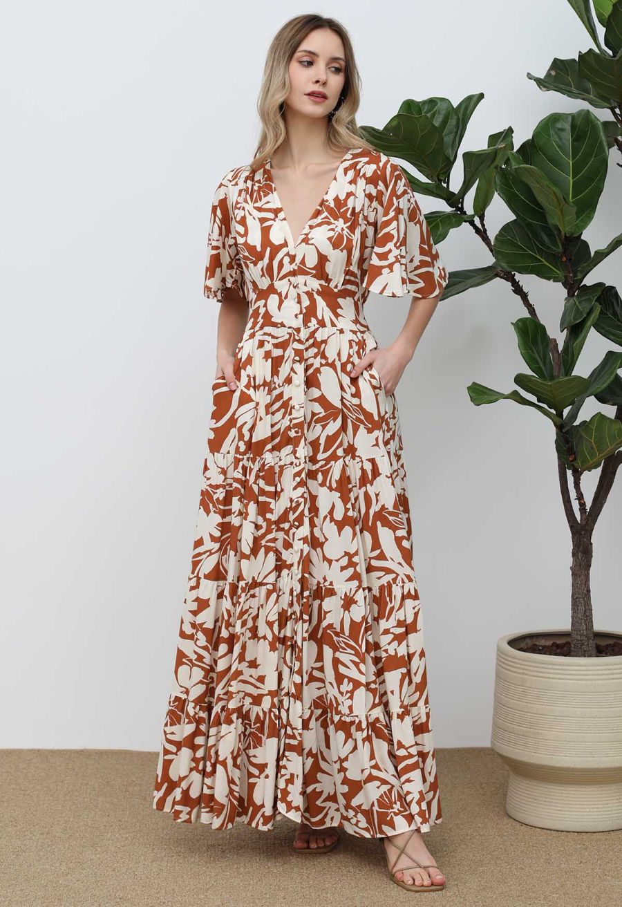 Floral Shadow Deep V-Neck Button Down Maxi Dress