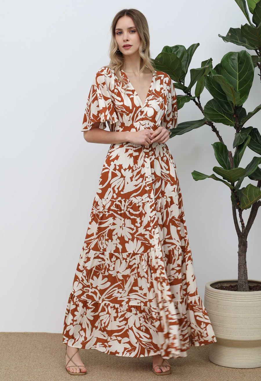 Floral Shadow Deep V-Neck Button Down Maxi Dress