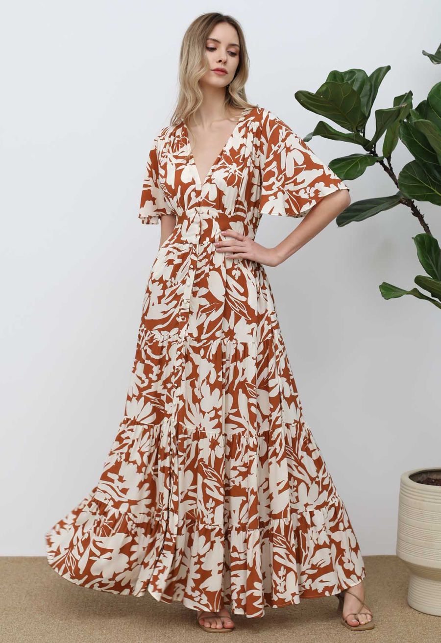 Floral Shadow Deep V-Neck Button Down Maxi Dress