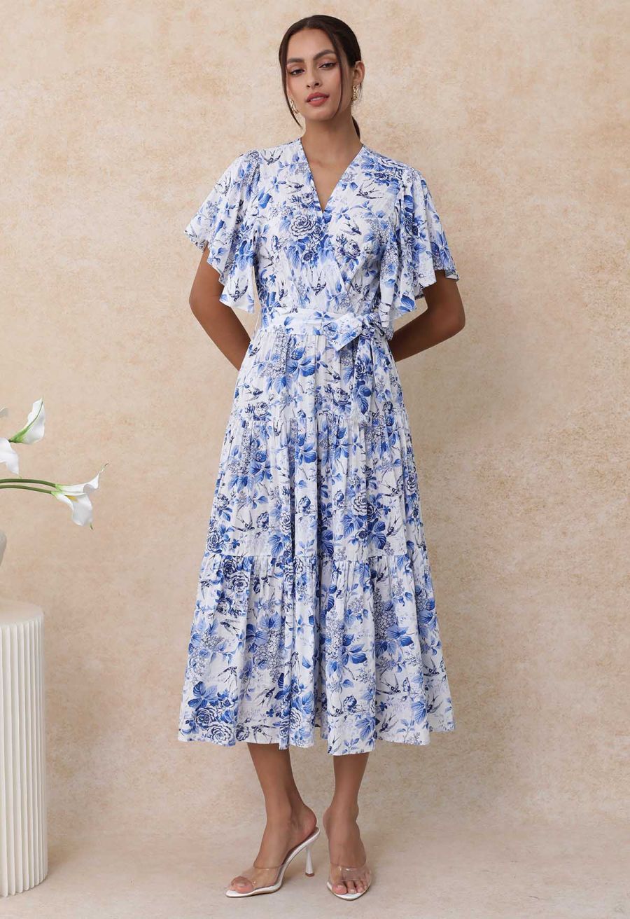 Swallow and Peony Printed Flutter Sleeve Faux-Wrap Dress