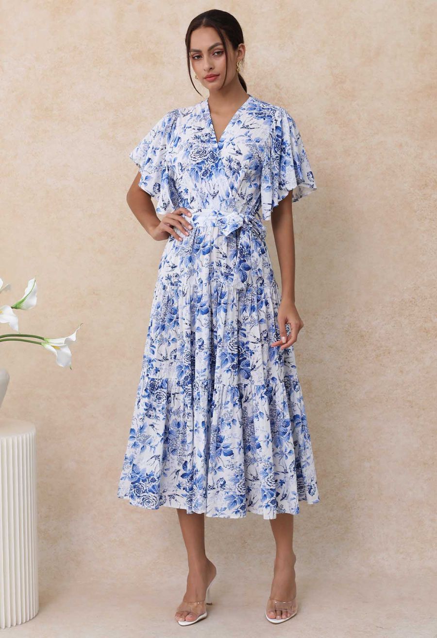 Swallow and Peony Printed Flutter Sleeve Faux-Wrap Dress