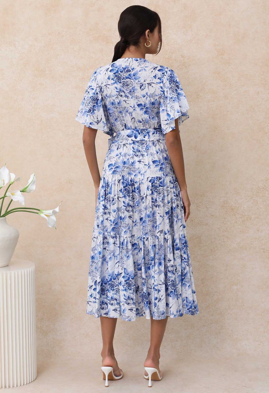 Swallow and Peony Printed Flutter Sleeve Faux-Wrap Dress
