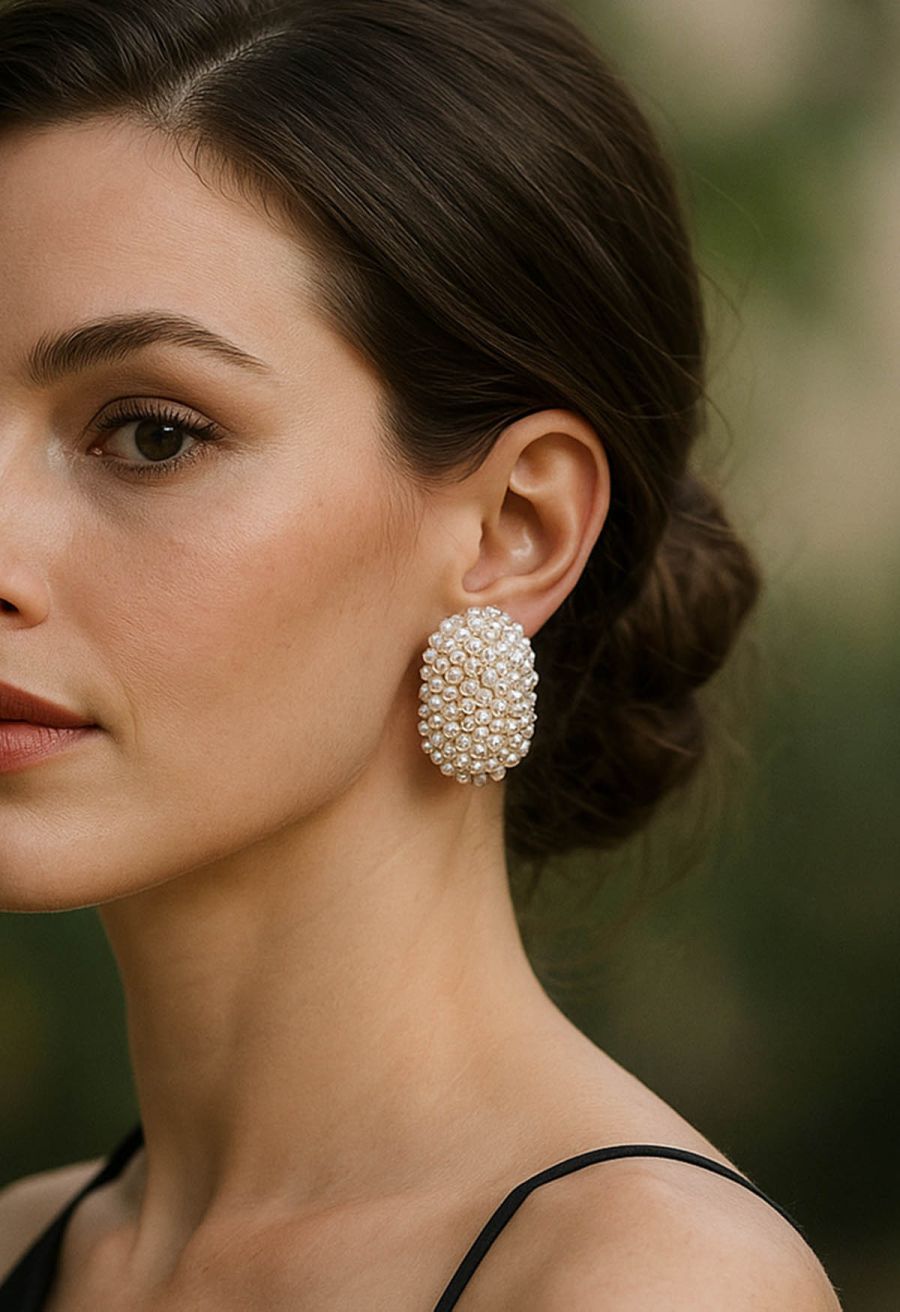 Faux Pearls Rhinestones Oval Earrings