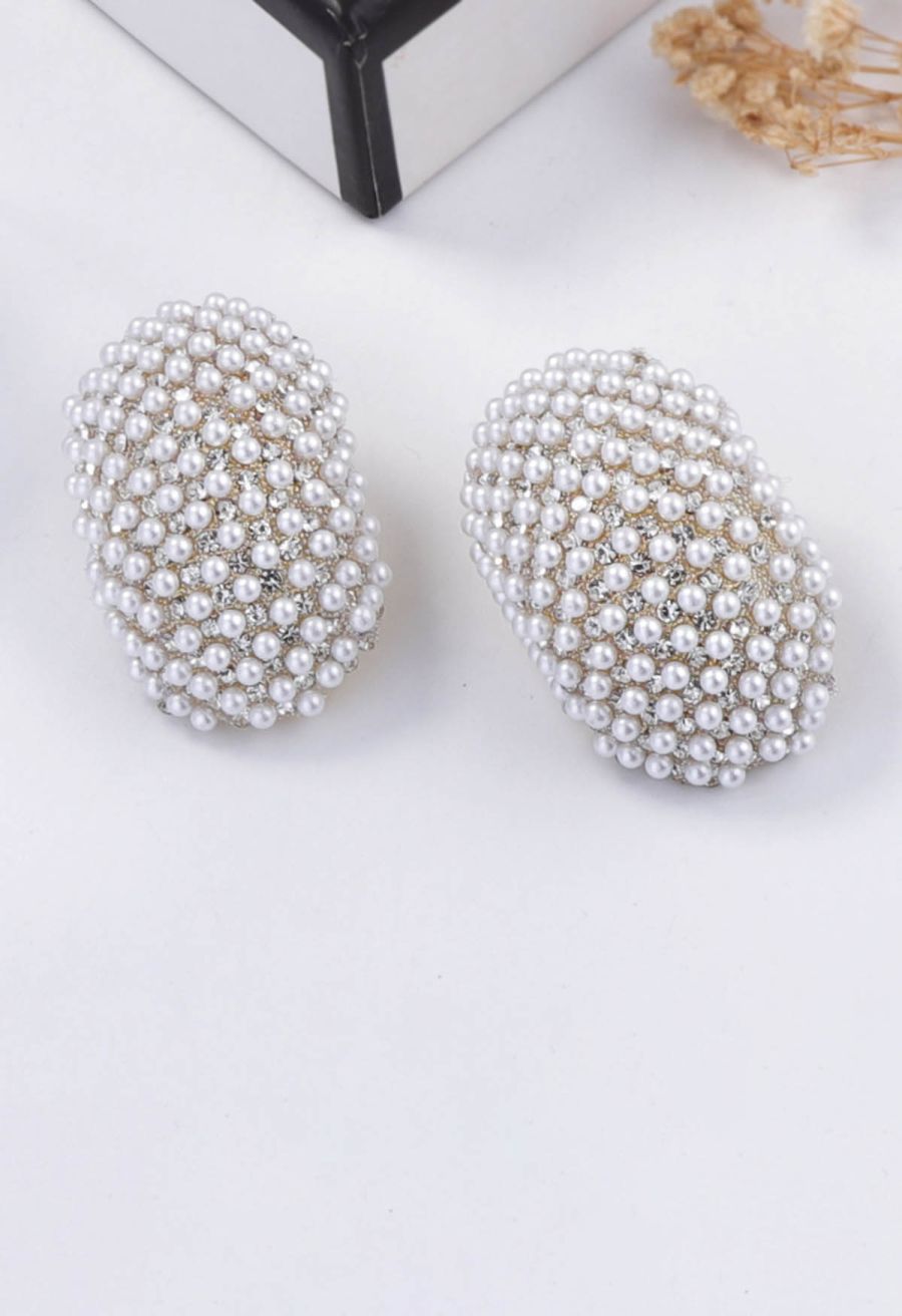 Faux Pearls Rhinestones Oval Earrings