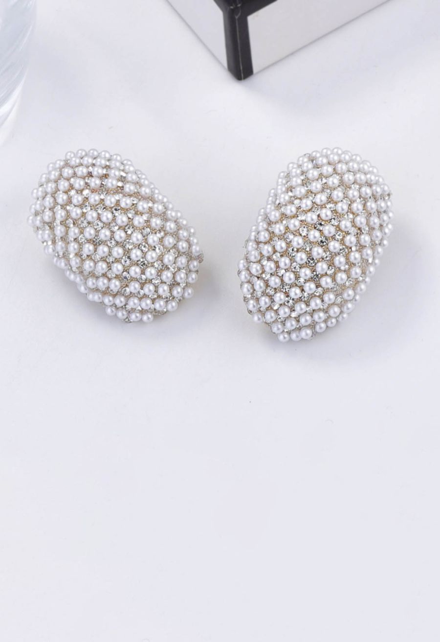 Faux Pearls Rhinestones Oval Earrings