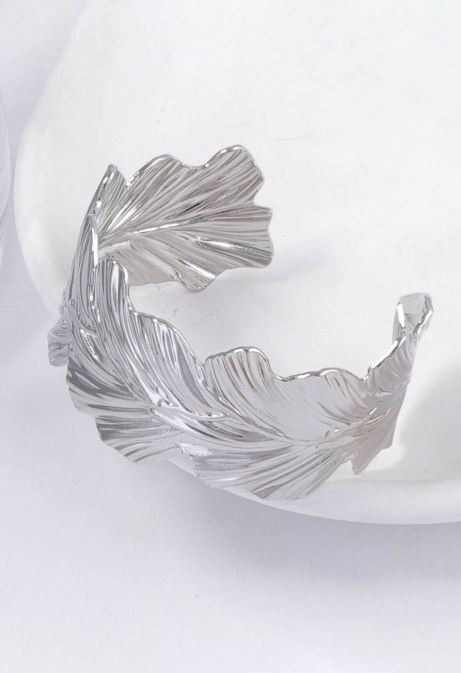 Tropical Leaf Open Cuff Bracelet in Silver