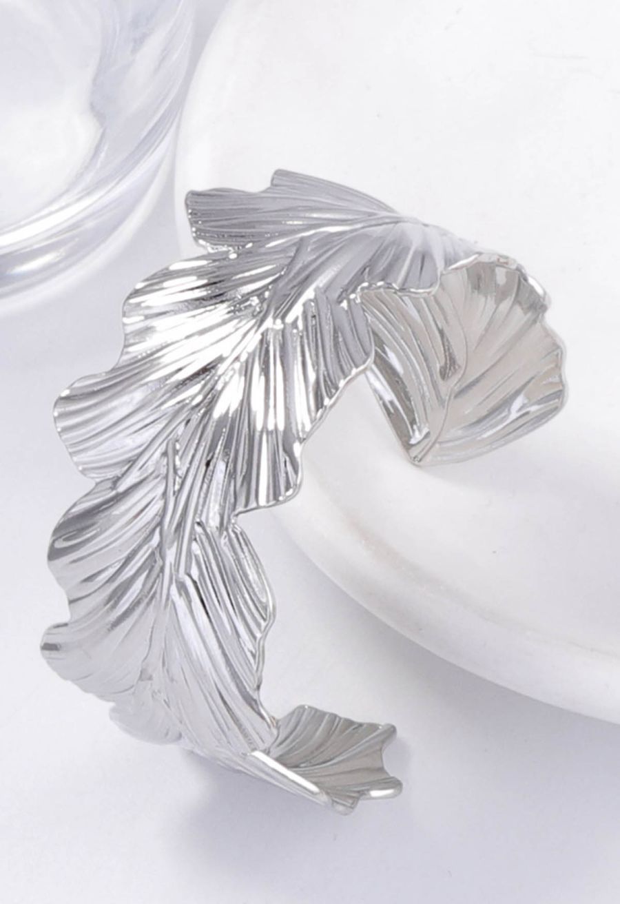 Tropical Leaf Open Cuff Bracelet in Silver