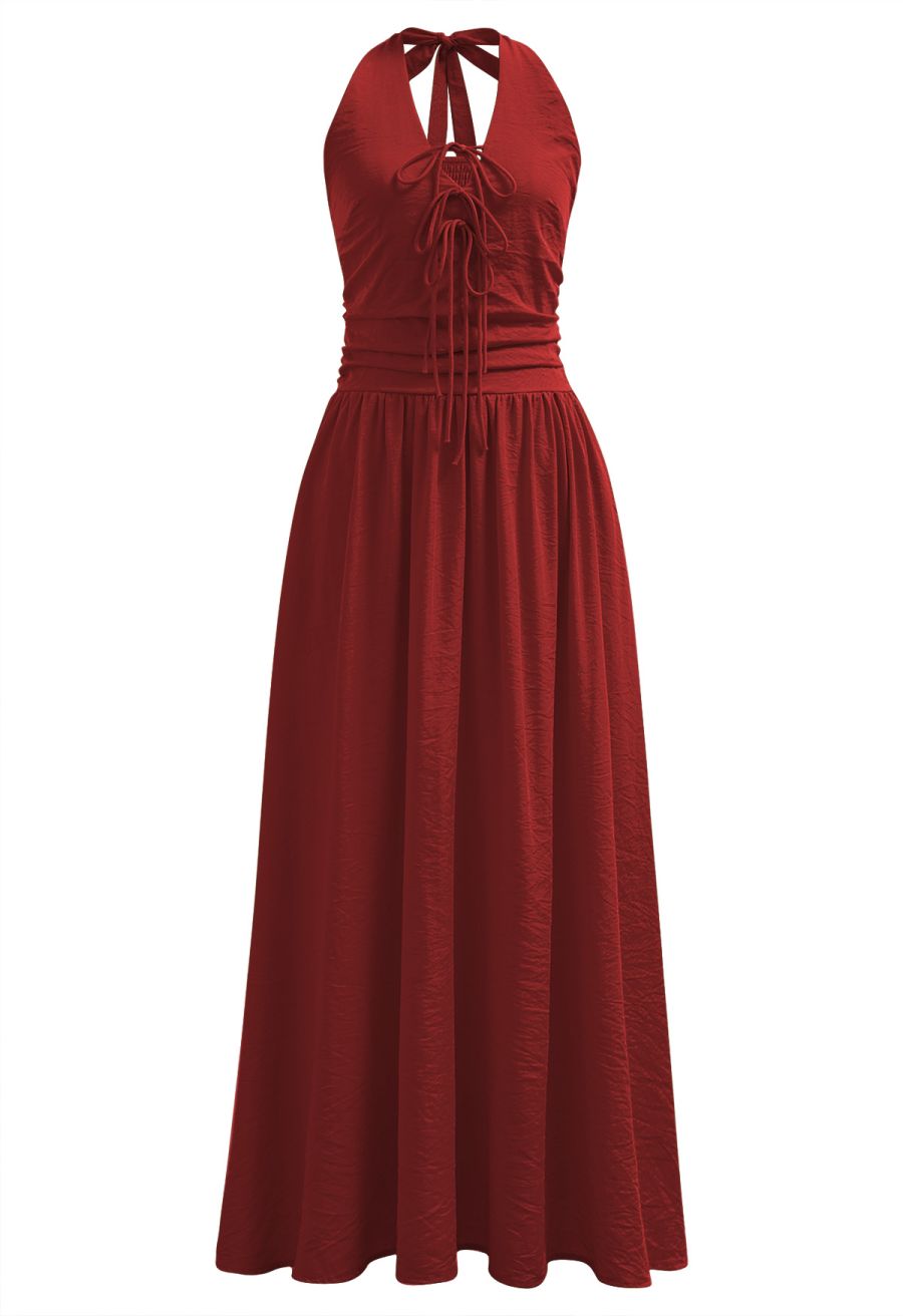 Bow-Tie Shirred Back Maxi Halter Dress in Red
