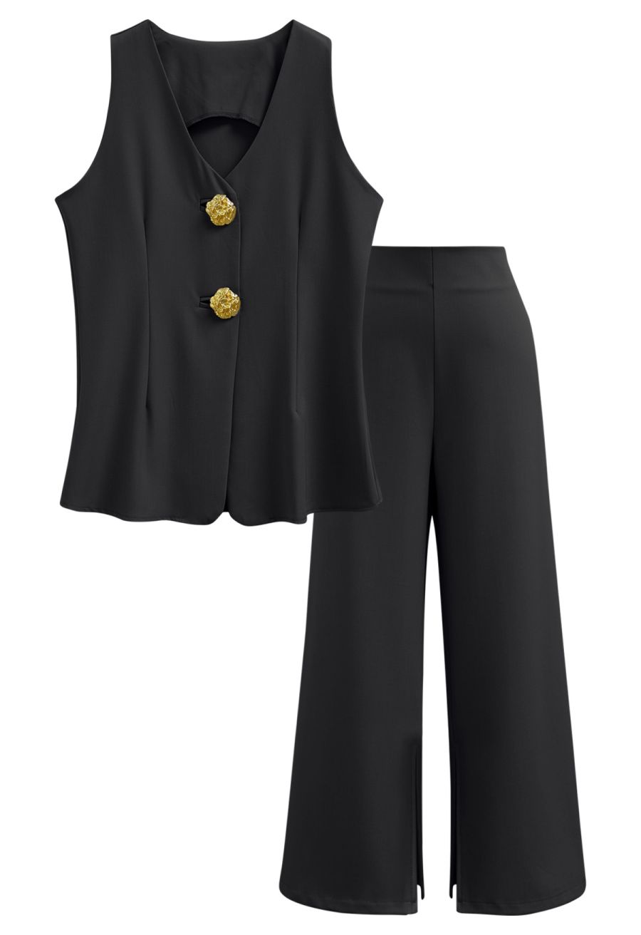 Golden Button Vest and Split Hem Pants Set in Black
