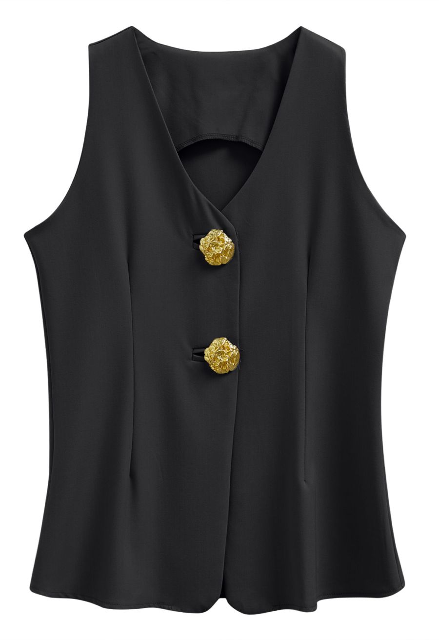 Golden Button Vest and Split Hem Pants Set in Black