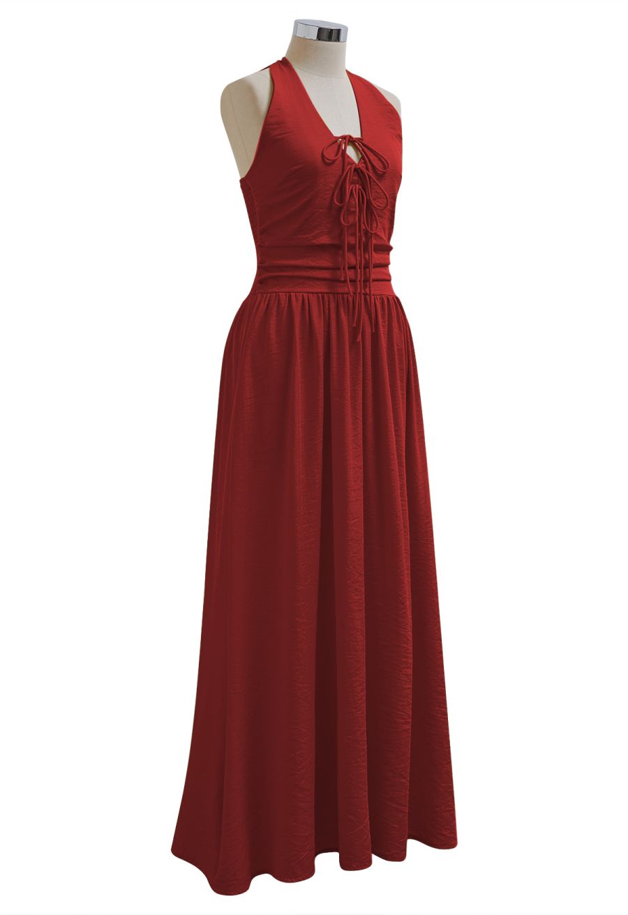 Bow-Tie Shirred Back Maxi Halter Dress in Red