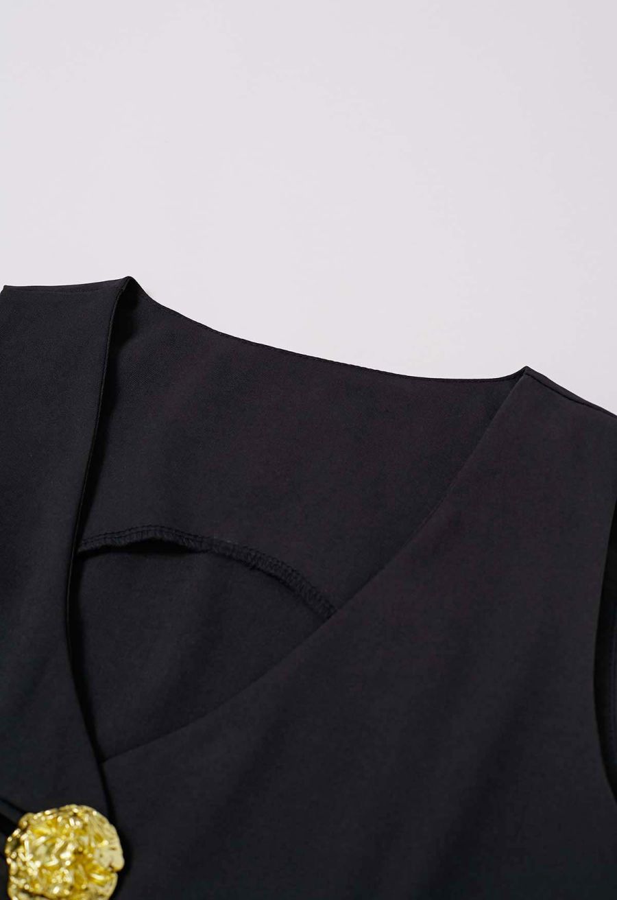 Golden Button Vest and Split Hem Pants Set in Black