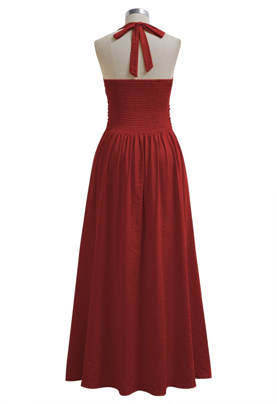 Bow-Tie Shirred Back Maxi Halter Dress in Red