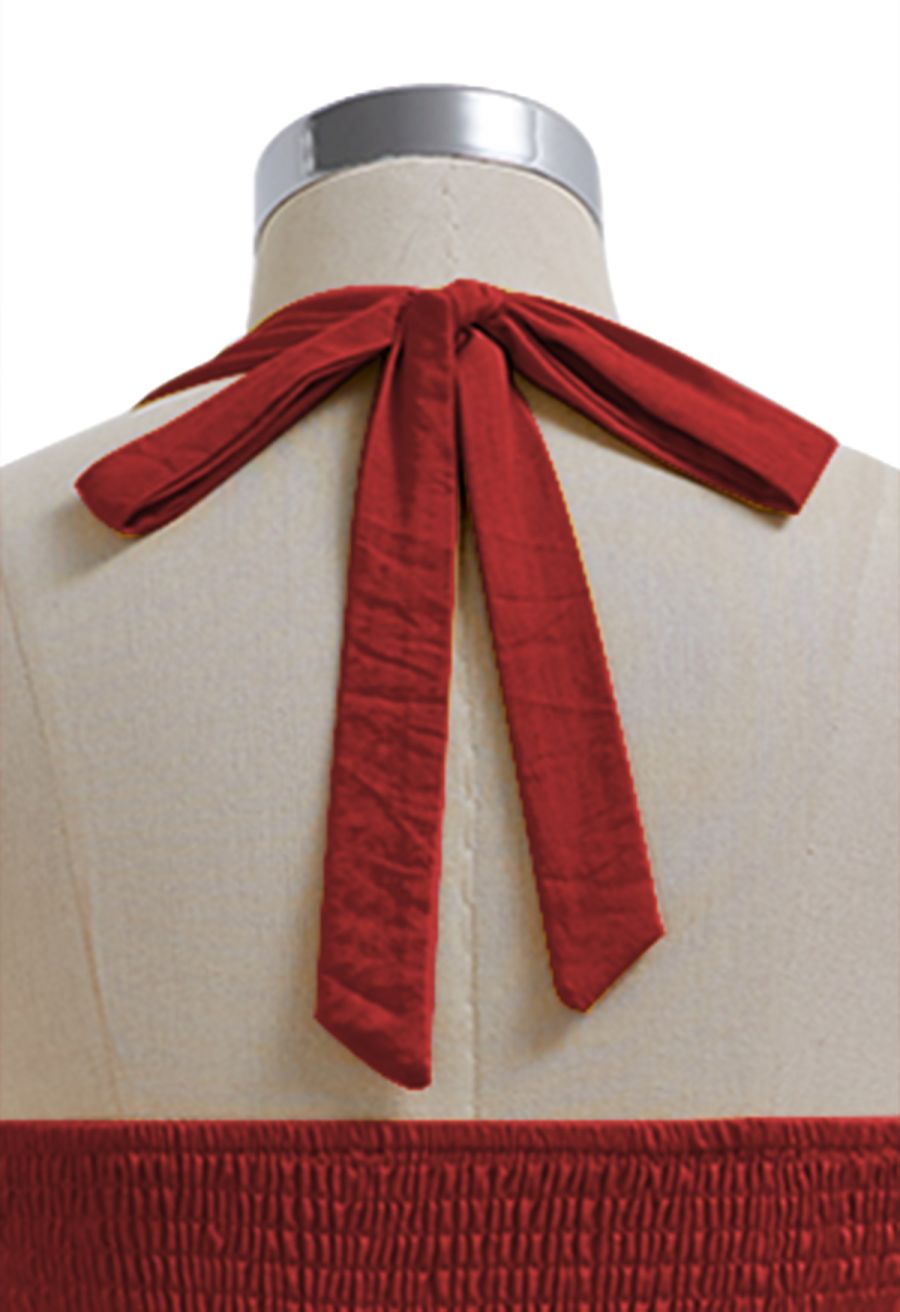 Bow-Tie Shirred Back Maxi Halter Dress in Red