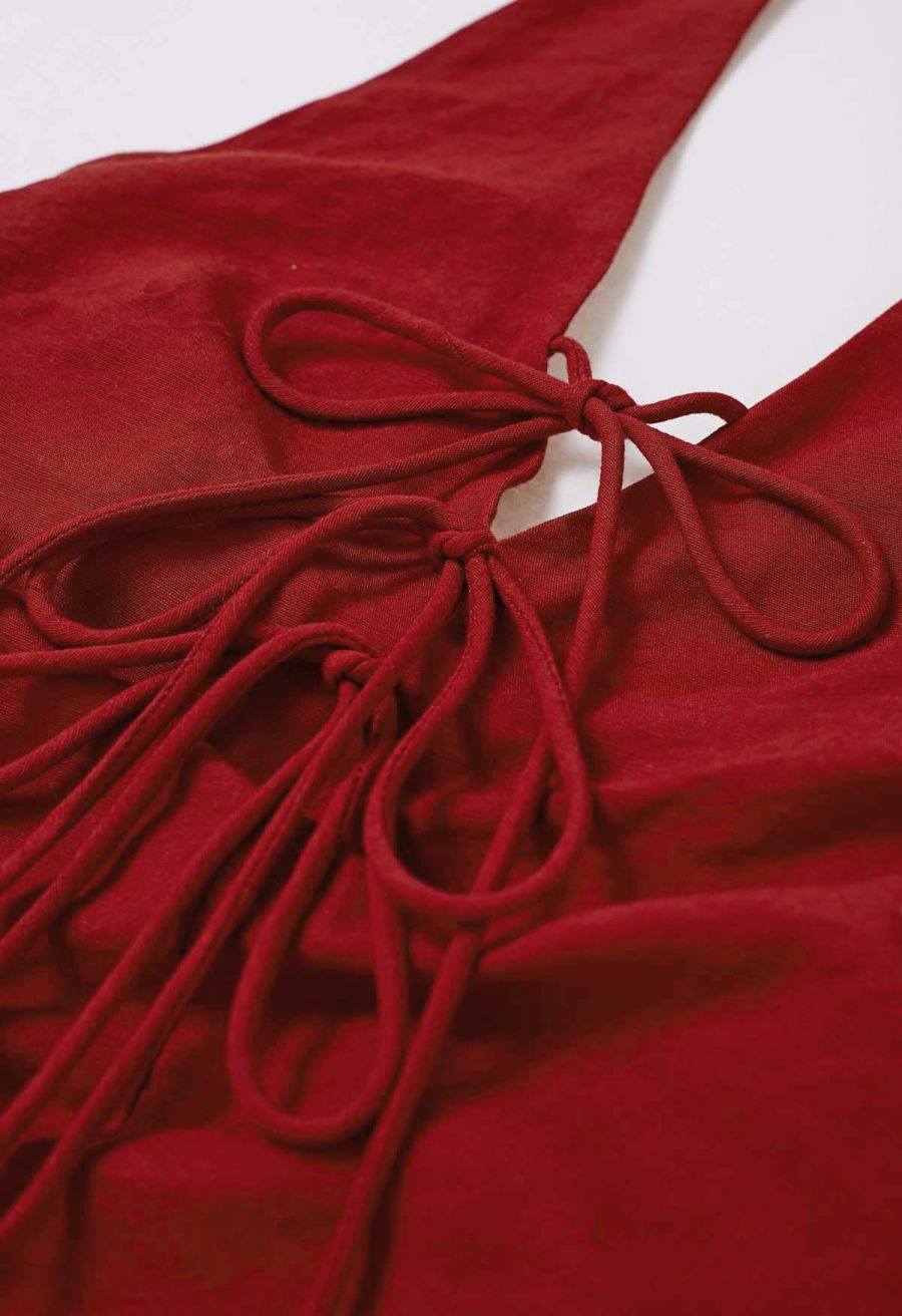 Bow-Tie Shirred Back Maxi Halter Dress in Red