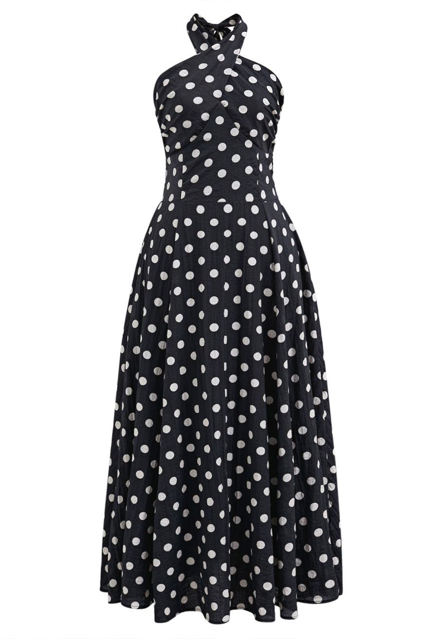 Crisscross Self-Tie Halter Neck Maxi Dress in Dots