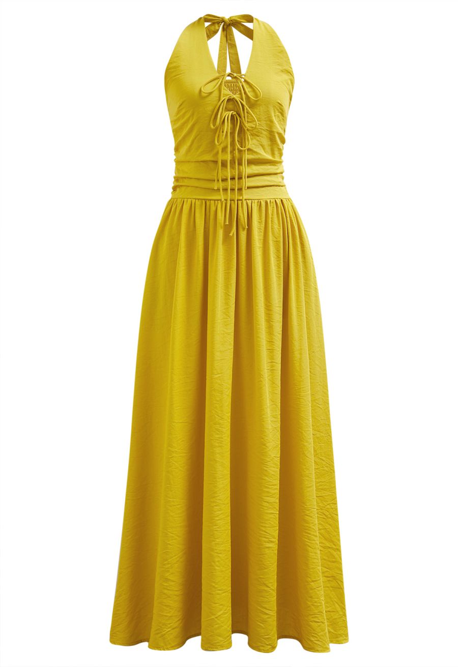 Bow-Tie Shirred Back Maxi Halter Dress in Mustard