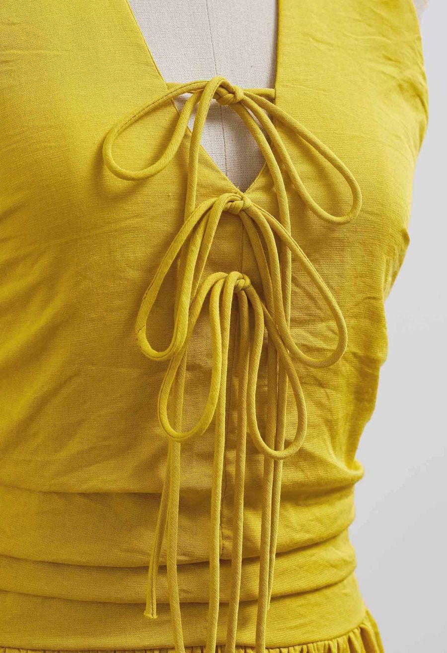 Bow-Tie Shirred Back Maxi Halter Dress in Mustard