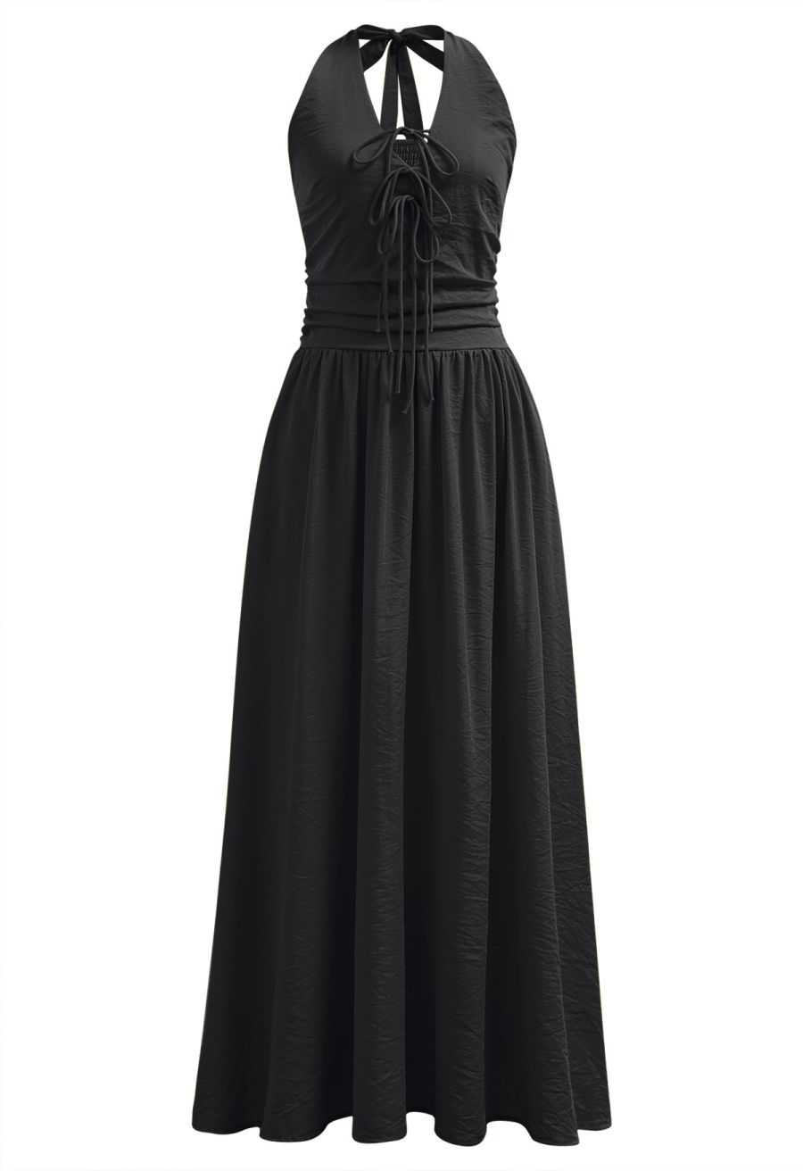 Bow-Tie Shirred Back Maxi Halter Dress in Black